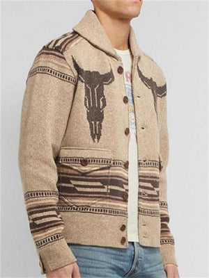 Mens Distinctive Jacquard Knit Button Print Lapel Sweater Coat With Pocket