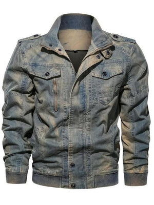 Men's Casual Stand-Collar Cotton Washed-Effect Denim Military Jacket