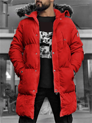 Men's Knee-Length Parka Padded Coat With Fur Hood