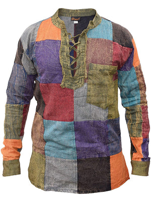 Men's Pullover Style Multicolor Patchwork Stand Collar Fashion Shirt