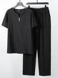 Laid-Back Style Notched Neck Button Detailing Soft Cotton Set T-Shirt + Drawstring Pants