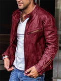 Men's Stand Collar Motorcycle Biker Leather Jacket