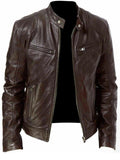 Stand Collar Chest Pockets Zip Leather Biker Jacket