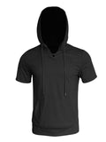 Men's Loose V-neck Short Sleeve Fitness Drawstring Hooded Tops