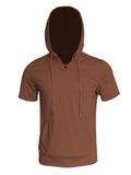 Men's Loose V-neck Short Sleeve Fitness Drawstring Hooded Tops