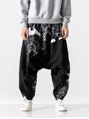 Mens Comfy Loose Casual Patchwork Crane Print Pants