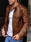 Men's Stand Collar Motorcycle Biker Leather Jacket