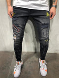 Mens Hip-Hop Ripped Badge Skinny Denim Pants