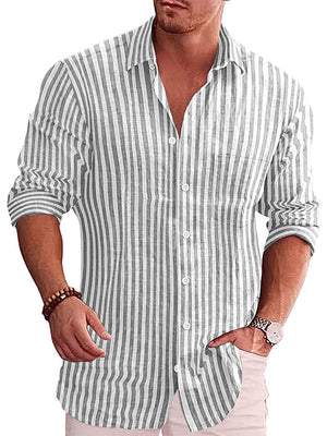 Men Casual Turn Down Collar Striped Cotton Shirt