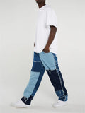 Fashionable Street Style Frayed Patchwork Denim Straight Skate Jeans