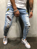 Mens Hip-Hop Ripped Badge Skinny Denim Pants