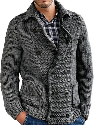 Men's Solid Color Double-breasted Lapel Long Sleeve Knitted Cardigan