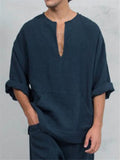 Loose Fit Notched Neckline Soft Linen Long Sleeve Solid Color Pullover Shirt