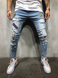 Mens Hip-Hop Ripped Badge Skinny Denim Pants