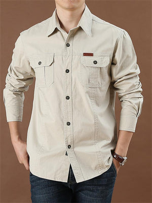 Men's Decent Casual Loose Long-Sleeved Solid Color Cotton Shirt