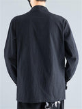 Men Simple Style Cotton and Linen Comfortable Stand Collar Retro Buttons Tops