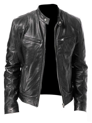 Stand Collar Chest Pockets Zip Leather Biker Jacket