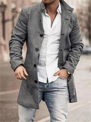 Men's Fashion Contrast Design Woolen Stand Collar Mid-Length Casual Coat With Pockets