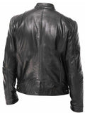 Stand Collar Chest Pockets Zip Leather Biker Jacket