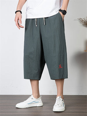 Mens Casual Knitted Loose Solid Color Cropped Pants