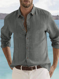 Men's Solid Color Long Sleeve Button Down Vacation Lapel Shirt