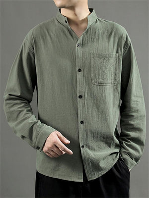 Decent Long-Sleeved Stand-Collar Solid Color Shirt With Pockets