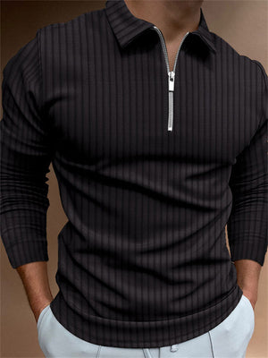 Men's Fashion Long Sleeve Vertical Stripe Zipper Polo Tops