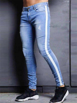 Mens Stylish Slim Fit Side Stripe Long Denim Zipper Pants