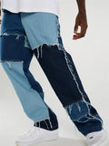 Fashionable Street Style Frayed Patchwork Denim Straight Skate Jeans