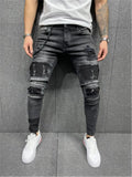 Patchwork Print Personality Elastane Distressed Denim Pants