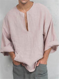 Loose Fit Notched Neckline Soft Linen Long Sleeve Solid Color Pullover Shirt