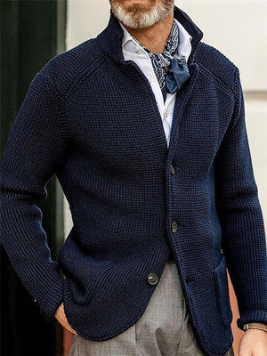 Casual Simple Style Buttons Up Navy Blue Lapel Sweater Cardigan