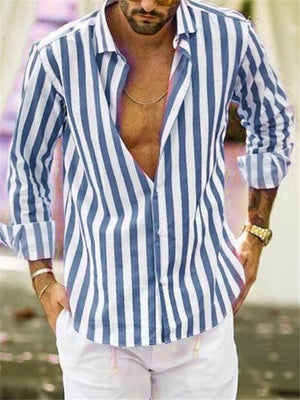 Men’s Essentials Lapel Collar Long Sleeves Striped Shirt with Front Single Button