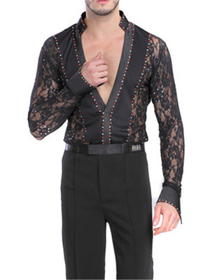 Deep-V Neck Sexy Mens Lace Shirt