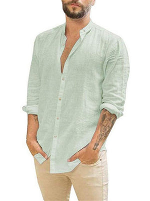 Casual Stand-Up Collar Linen Solid Color Long-Sleeved Shirt