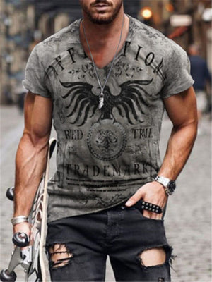 Casual Retro-Look Eagle Print V Neck Slim Fit Short Sleeve T-Shirt