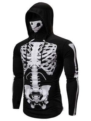 Men’s Halloween Themed Side Zipped Hem Face-Mask Thumbhole-Sleeve Hooded Sweatshirt