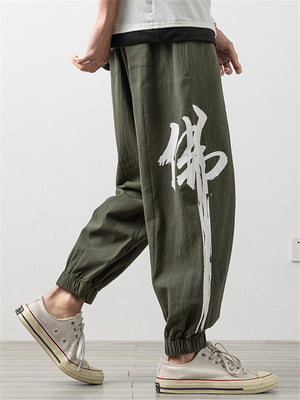 Loose Comfy Character Print Linen Cropped Pants