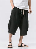 Loose-Fit Elastic Waist Drawstring Linen Cropped Harem Trousers With Pockets