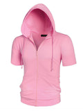 Simple Short Sleeve Drawstring Full Zip Mens Pink Hoodie