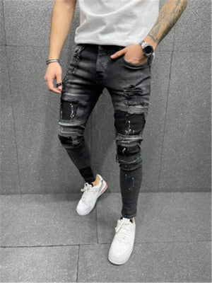 Patchwork Print Personality Elastane Distressed Denim Pants