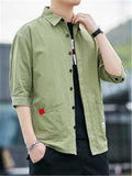 Fashion Slim Fit Script Print 3/4 Sleeve Cargo Shirts