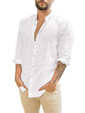 Casual Stand-Up Collar Linen Solid Color Long-Sleeved Shirt