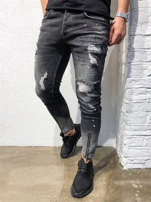 Elastane Zipper Slim Fit Distressed Denim Pants