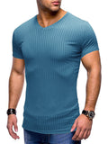 Summer Sports Knitted V Neck Short Sleeve Slim Tops for Men