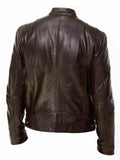 Stand Collar Chest Pockets Zip Leather Biker Jacket