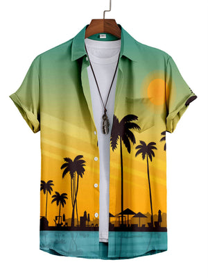 Men’s Landscape Painting Lapel Button Down Shirts for Summer