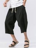 Loose-Fit Elastic Waist Drawstring Linen Cropped Harem Trousers With Pockets