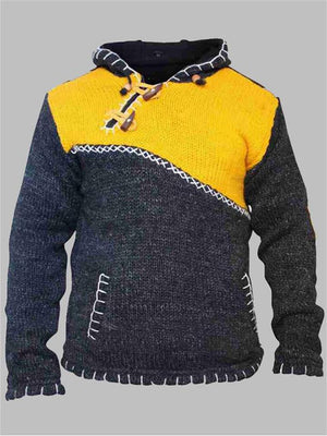 Men's Casual Long-Sleeved Color-Block Knit Hooded Sweater