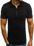 Men’s Slim Fit Polo Collar Solid Color Front Zip Fastening T-Shirt